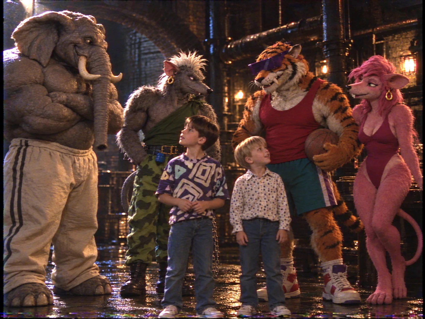 The Rattats and two boys exploring the shadowy sewer hideout