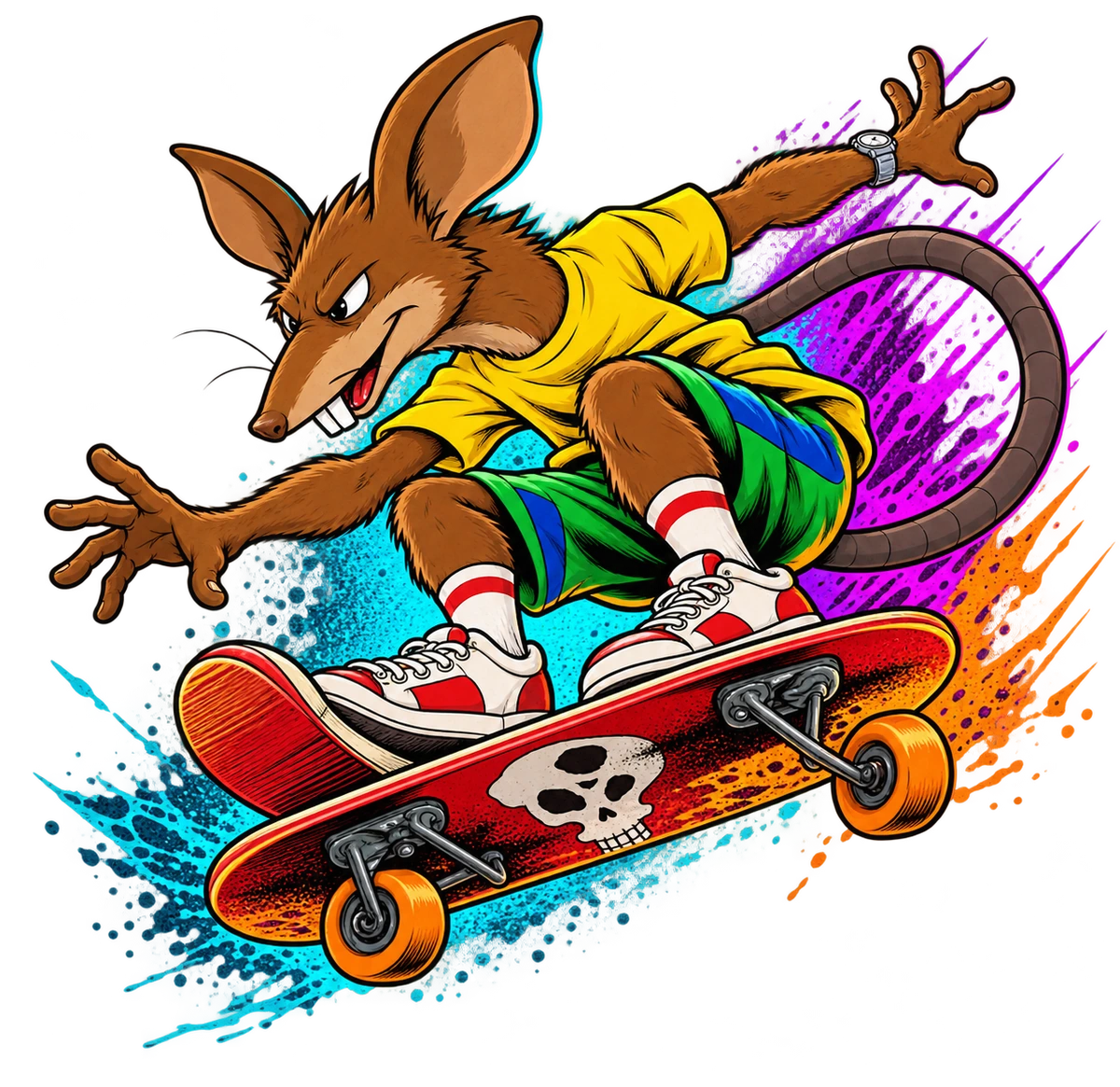 High Tail It airborne on his red skull skateboard, wearing a yellow shirt, green-and-blue shorts and red-and-white sneakers, with cyan and violet ink accents