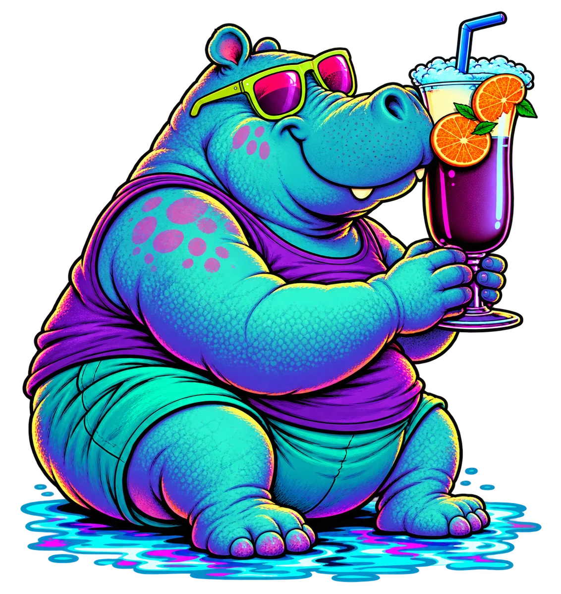 Teal Hippo in a purple tank and lime glasses, seated with an orange-garnished purple cocktail over turquoise ripples