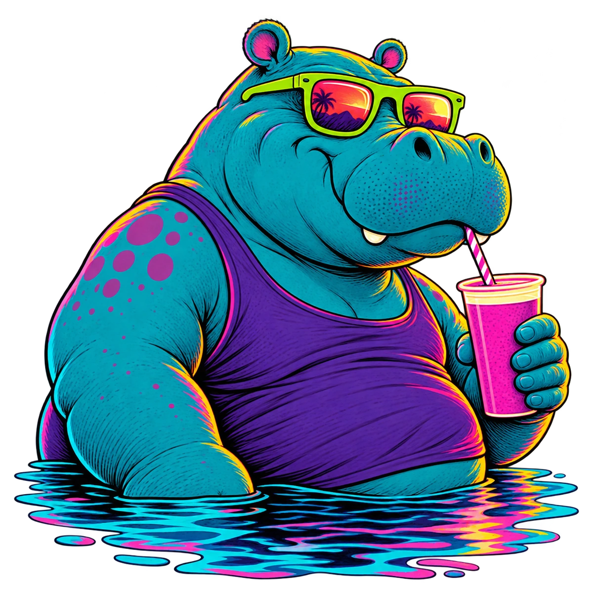 Hippo relaxing in lagoon ripples while sipping a pink smoothie through a striped straw, with sunset reflections in his lime glasses