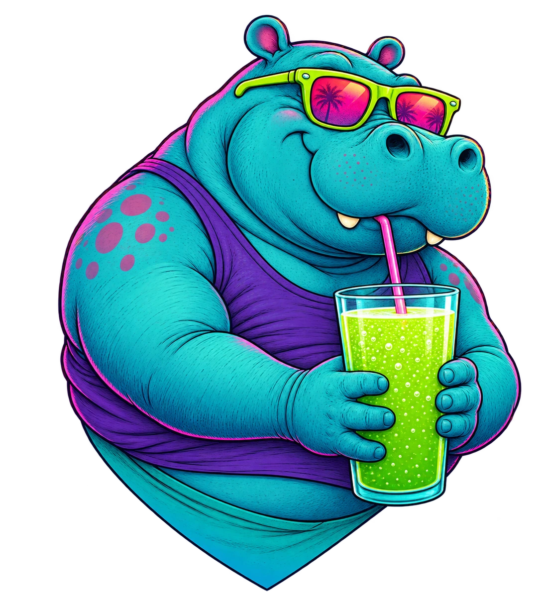 Hippo wearing lime glasses and a purple tank, holding a glass of bright green fizzy soda with a pink straw