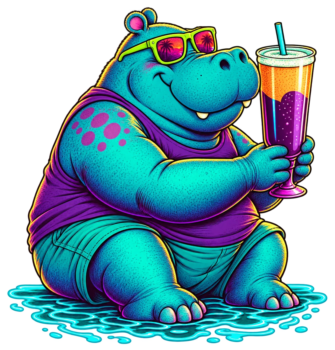 Hippo seated in his purple tank and teal shorts, holding a tall orange-and-purple drink above turquoise ripples
