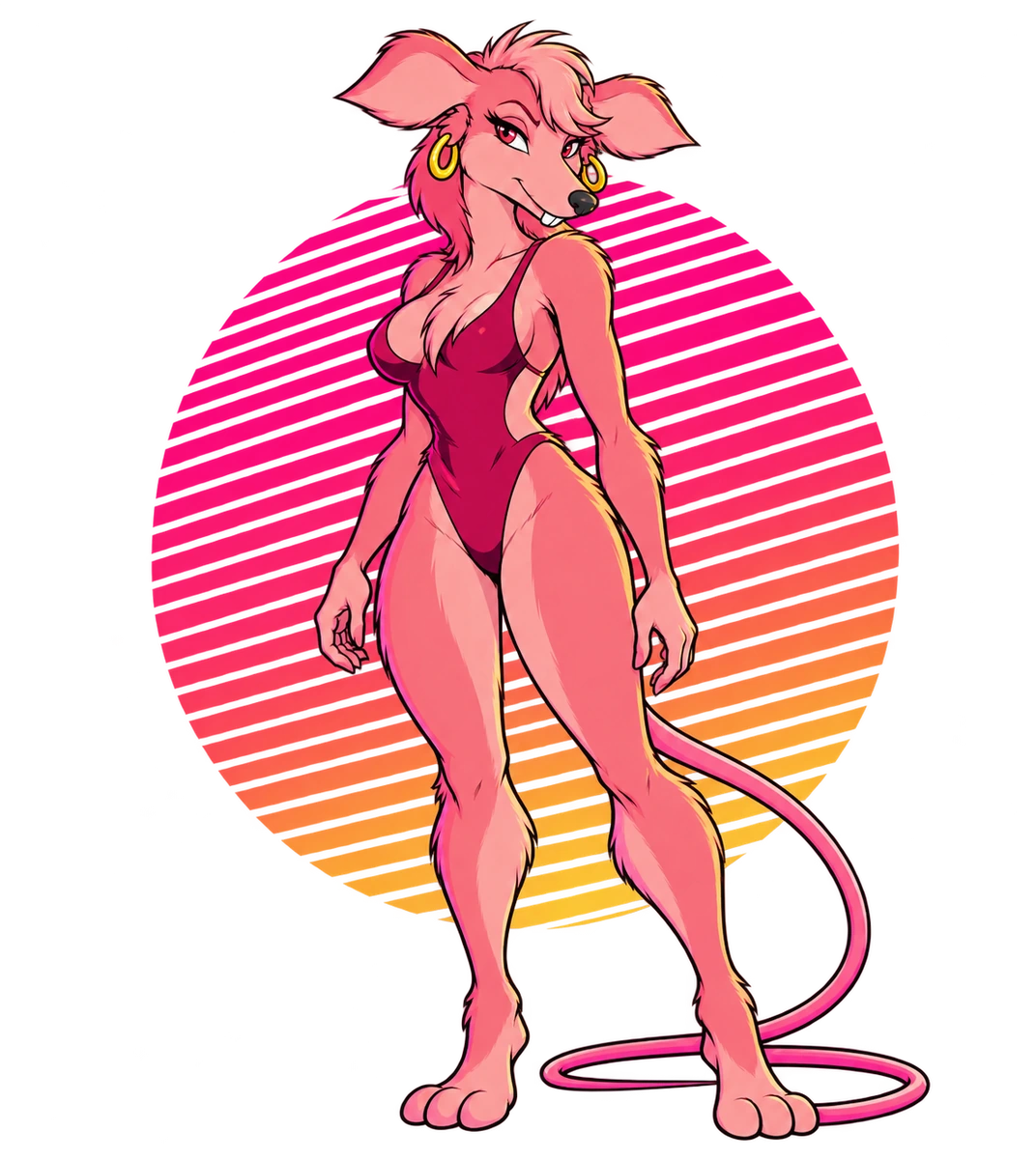 Lil Bo Squeek standing in her burgundy outfit in front of a striped pink-to-orange sunset circle