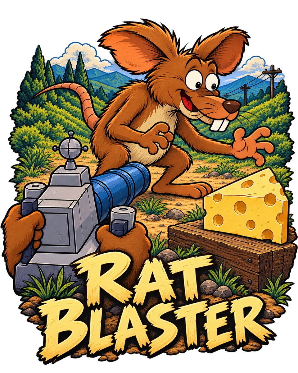 Rat Blaster tattoo artwork showing a brown cartoon rat, a large cheese wedge, forest scenery and an arcade blaster