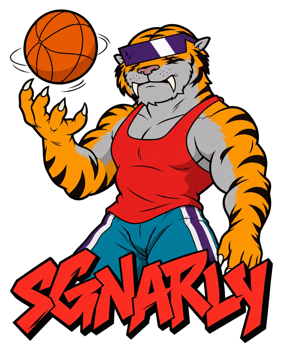 Sgnarly basketball tattoo in classic cel-animation colors, with opaque purple visor, two upper fangs and red lettering