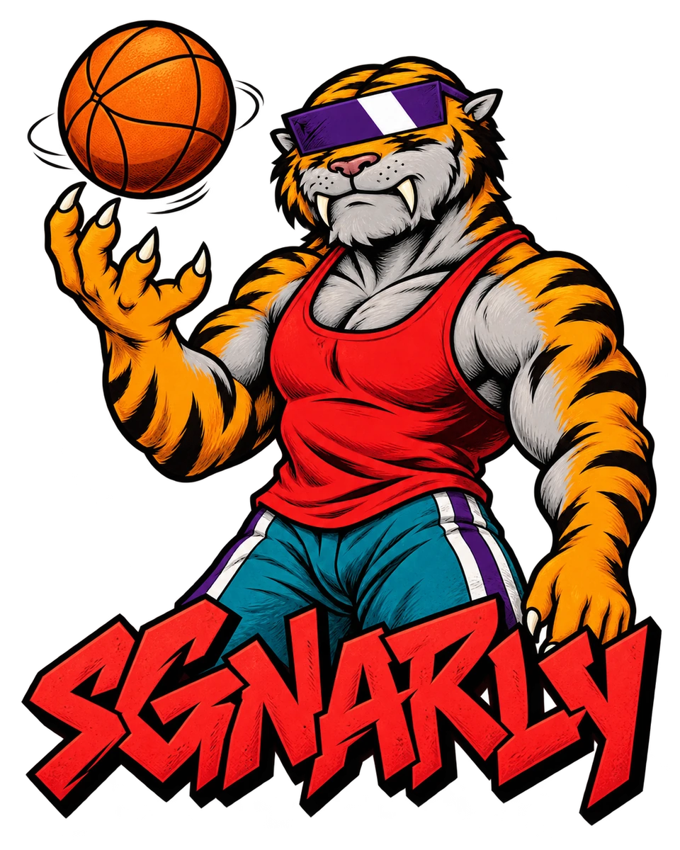 Sgnarly with his purple visor, red tank and teal shorts, a basketball above his raised hand, and red SGNARLY lettering in bold ink