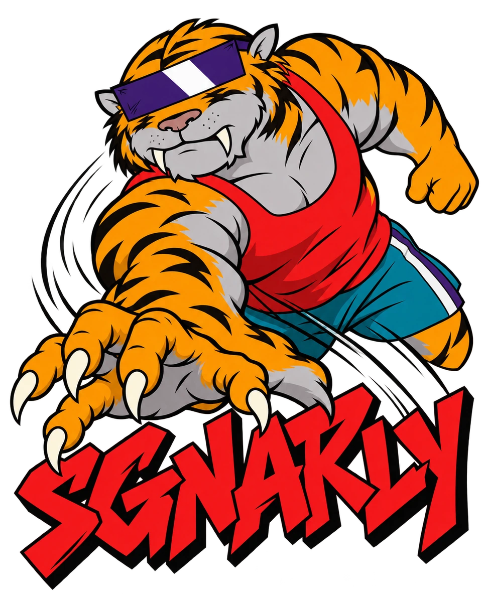 Sgnarly lunging forward with a clawed human-shaped hand, opaque purple visor, stern two-fang mouth and red SGNARLY lettering