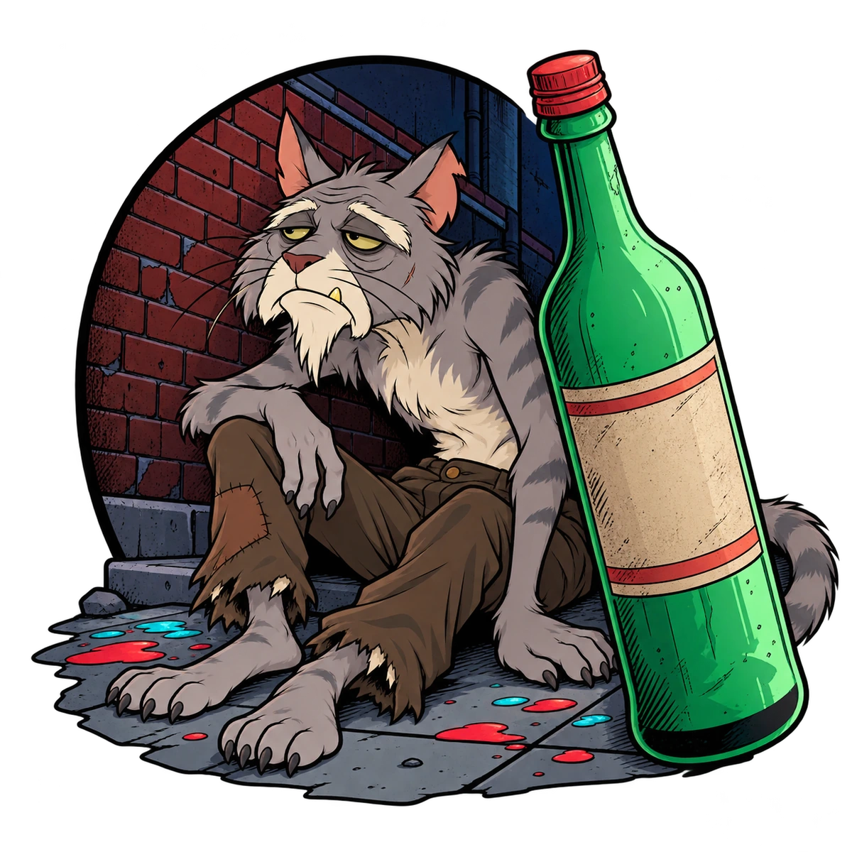Sour Puss seated against a circular night-alley backdrop with a large green bottle in the foreground