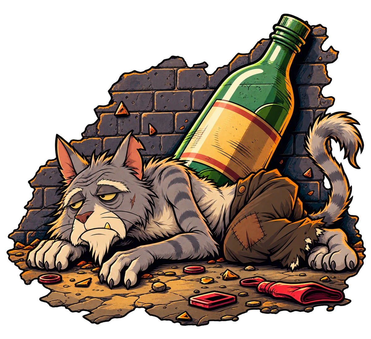 Sour Puss leaning forward on his hands in a warm-lit alley, with a large green bottle against the wall behind him