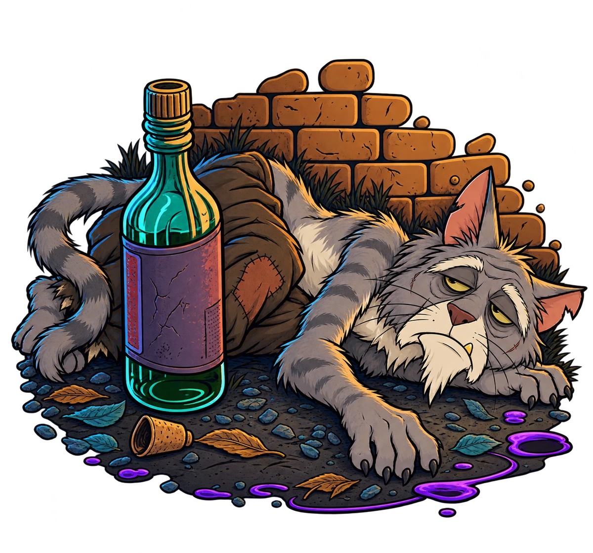 Sour Puss lying on his side beside a green bottle, fallen cork and brick wall, wearing his patched brown trousers