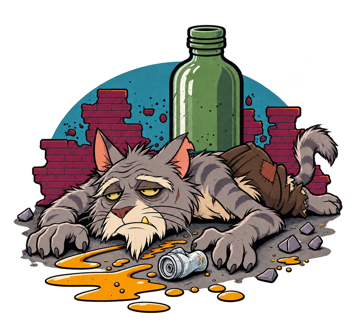 Elderly gray-tabby Sour Puss sprawled beside an amber spill and crushed can, with a green bottle and broken brickwork behind him